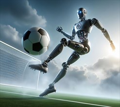 Science fiction, technology, a humanoid robot practises with a football, AI generated, AI generated