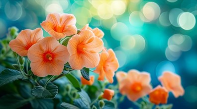 Orange campsis summer jazz trumpet flowers with shimmering bokeh lights on a teal backdrop, AI