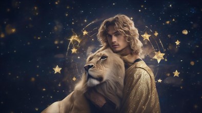 Young male Leo zodiac sign with blond hair and green eyes against the background of the starry sky