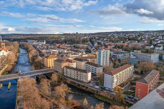 Panorama of a city with river and bridges, surrounded by residential areas, Pforzheim, Germany,