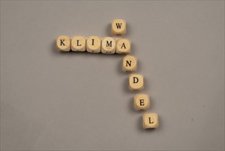 Cubes with letters form the word climate change, light background, top view, studio shot, Germany,