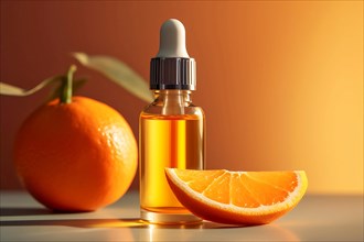 Vitamin C skin care serum surrounded by orange fruits. KI generiert, generiert AI generated