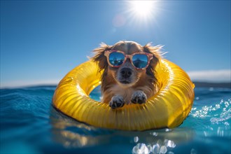 Dog with sunglasses in yellow floating tire in ocean. KI generiert, generiert AI generated