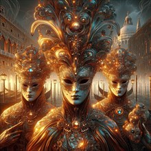 Multiple ethereal figures in ornate golden masks and costumes in a fantasy Venice setting for