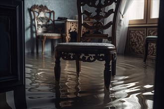 Vintage chair in house drowning in water. KI generiert, generiert AI generated