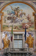 Renaissance fresco on the Palazzo San Giorgio, built in 1260, Piazza Caricamento, Genoa, Italy,