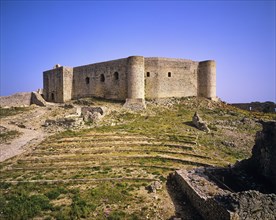 Old fortress with an ancient amphitheatre surrounded by purple wildflowers, Chlemoutsi, High