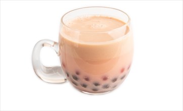 Bubble tea with pistachio and caramel in glass isolated on white background. Healthy drink concept.
