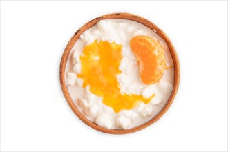 Grained cottage cheese with tangerine jam isolated on white background. top view, flat lay