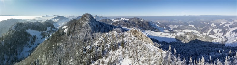 View over the first Jura chain with Belchenflueh towards the Black Forest, drone shot, Haegendorf,