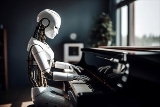 AI android robot playing piano. KI generiert, AI generated