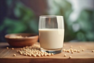 Dairy free vegan milk concept with glass of milk surrounded by soy. KI generiert, AI generated