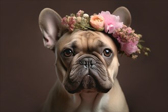 French Bulldog dog with flowers on head. KI generiert, generiert AI generated