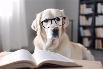Smart dog with reading glasses and books. KI generiert, generiert AI generated