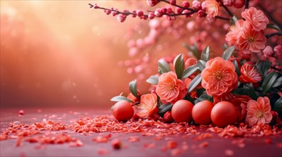 Close-up of red flowers and petals with a warm, glowing sunset in the background, AI generated