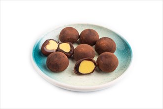 Japanese rice sweet buns chocolate mochi filled with cream isolated on white background. side view,