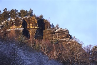 Elbe Sandstone Mountains in winter, Rauenstein, Saxony, Germany, Europe