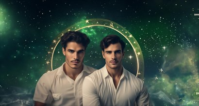 Young man Gemini by zodiac sign with dark hair and green eyes against the background of the starry