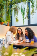 Vertical photo with copy space of three female friends having fun laughing in a cafeteria