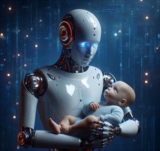 Science fiction, technology, a humanoid robot has a human baby in its arms, AI generated, AI