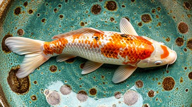 An orange and white koi carp swimming in a very small glazed clay bowl, AI generated, AI generated