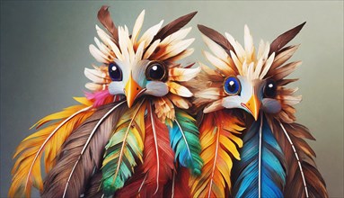 Funny colourful masks made of feathers, faces of two birds, portrait, painting, digital art, AI