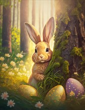 Cute bunny character hiding behind a tree in the green forest with Easter eggs among blooming