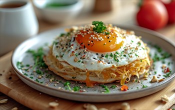 Golden hash browns topped with a sunny-side-up egg, garnished with sesame seeds, AI generated