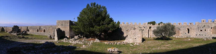 Panoramic picture of an old fortress, Chlemoutsi, High Medieval Crusader castle, Kyllini peninsula,