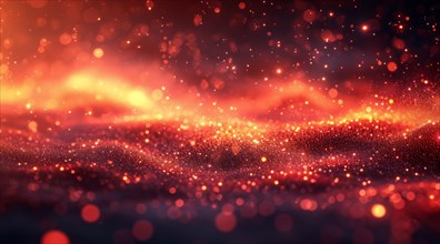 Vibrant red and orange sparkling bokeh effect over a wavy textured abstract surface, AI generated