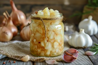 A jar of pickled onions and garlic on a rustic wooden surface surrounded by onions and garlic, AI