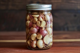 A glass jar filled with pickled garlic cloves and shallots on a rustic wooden background, KI