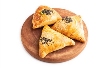 Homemade asian pastry samosa isolated on white background. side view, close up
