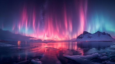 Ethereal pink and blue aurora borealis over a tranquil icy landscape with mountain reflections, AI