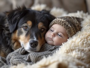 A newborn baby nestled in warm blankets, small dog next to it, ai generated, AI generated