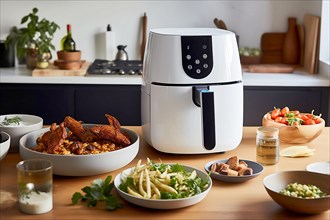 Air fryer kitchen tool surrounded by food. KI generiert, AI generated