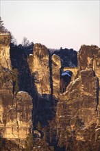 View from the Rauenstein to the Bastei rocks, winter evening, Saxony, Germany, Europe