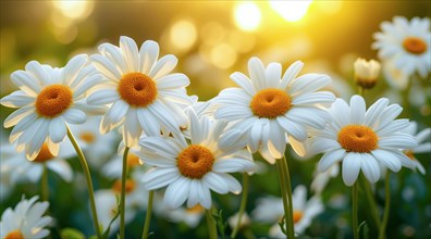 Fresh Angelita daisies with white petals and yellow centers highlighted by sunlight and bokeh, AI
