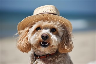 Small cute dog with summer straw hat at beach. KI generiert, generiert AI generated