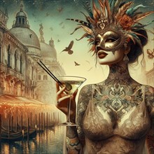 Digital artwork of a person in Venice scape featuring gondolas and landmarks, holding a martini