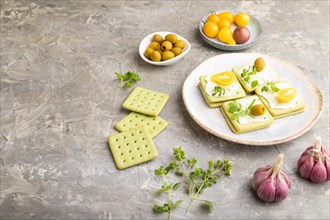 Green cracker sandwiches with cream cheese and cherry tomatoes on gray concrete background. side