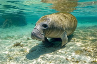 A manatee or west indian manatee (Trichechus manatus) swims leisurely in a sunlit, clear water over