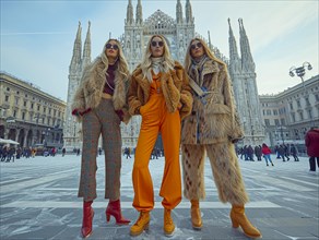 Fashion in Italy, men and women posing with new trendy fashion generated in Milan, AI generated