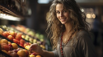 Young woman shopping in supermarket, at the fruit stand, AI generated