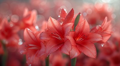 Butterfly sword lily, Gladiolus papilio red flowers with water droplets glisten in the light, AI