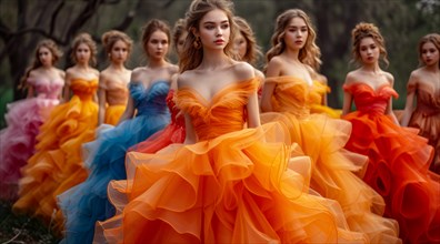 Teenage girls in opulent dresses (evening, ball gown) in motion, natural / authentic, from front,