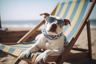 Dog with sunglasses at beach chair. KI generiert, generiert AI generated
