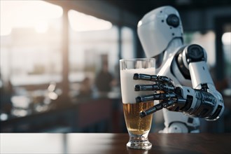 Artificial intelligence android with beer glass in bar. KI generiert, generiert AI generated