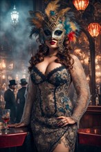 Portrait vibrant curvy woman wear carnival mask, antique lace costume in misty venetian cityscape