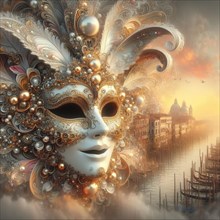 An ornate golden mask overlaid on a surreal Venice scene during sunset in mardy grass, ai